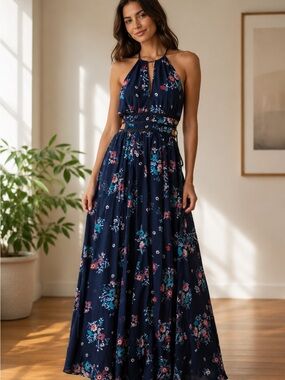 Express Navy Floral Maxi Dress with Red & Teal Accents